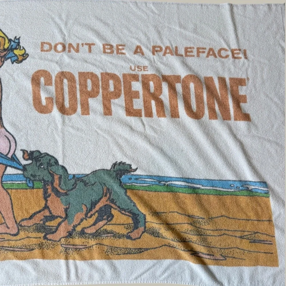 Vintage Coppertone Beach Towel Dont Be A Paleface Girl Dog Fringe White Retro
